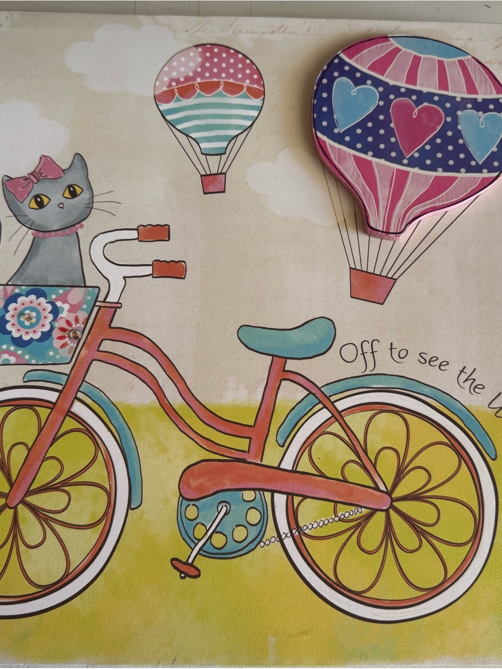 ‘Off to see the World’ cat on the bicycle canvas wall art w/3D hot air balloon